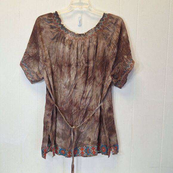 TresKa Boho Mocha Embroidery Top w/Back Tie & Tassels One Size NWT  Cottage Core - Picture 6 of 15